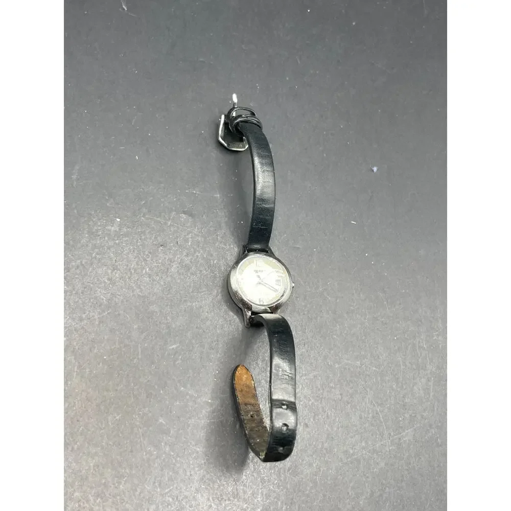 Fossil Quartz Watch ES-1819 50m Silver Tone Stainless Steel Black Leather Band